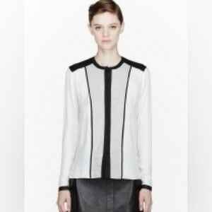 Helmut Lang Ivory Button Down Blouse Long Sleeve Black Trim Medium